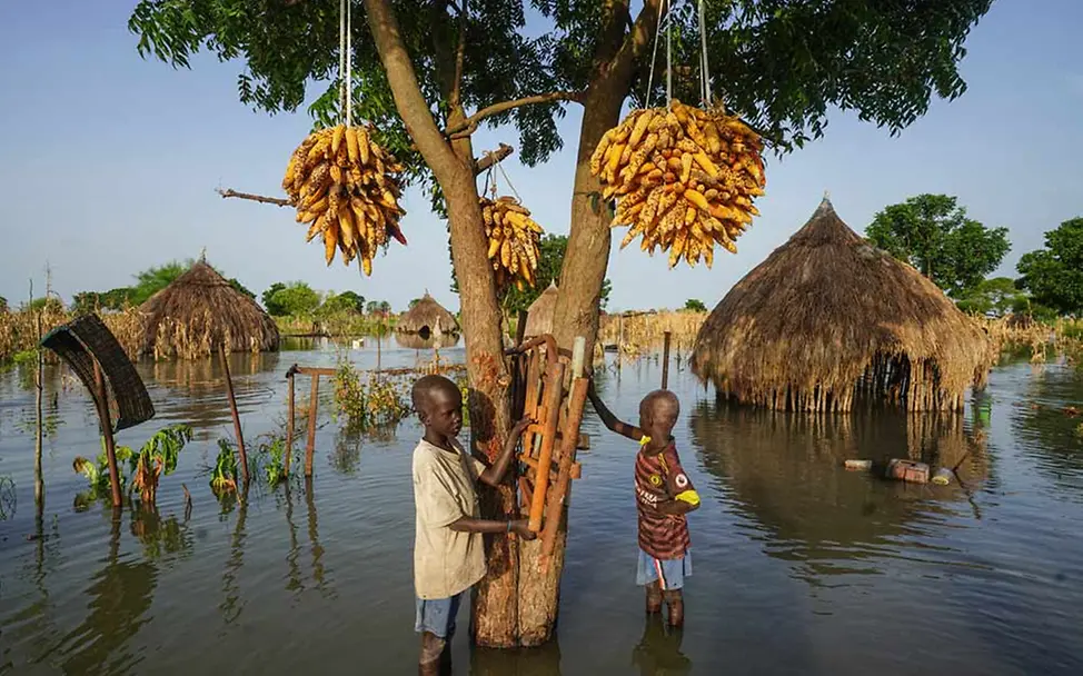 Südsudan Krise: Die Ernten wurden durch das Hochwasser stark zerstört. | © UNICEF/Grarup Südsudan Überschwemmungen: Zwei Kinder im Südsudan stehen in ihrem Dorf knietief im Wasser.