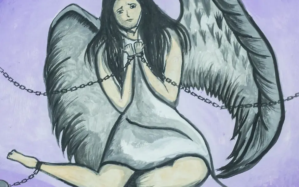 Ketten symbolisieren, dass verheiratete Kinder nicht mehr frei sind. | © UNICEF/Mohamdeen Kind mit Flügeln, das gleichzeitig Ketten trägt.