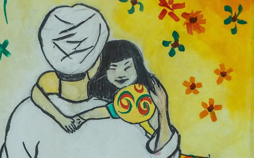 Die Zeichnung zeigt einen Vater, der seine Tochter im Arm hält. | © UNICEF/Mohamdeen Vater hält Tochter im Arm und beschützt sie.