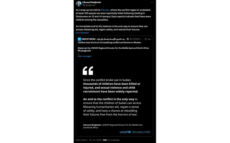 Kinder zahlen höchsten Preis für eskalierenden Konflikt und Verschärfung der Hungersnot | © UNICEF tweetsudan15jan