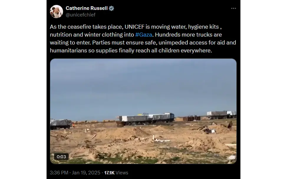 Tweet UNICEF Gaza Waffenruhe - mehr Hilfsgütertreffen ein | © UNICEF Tweet UNICEF Gaza Waffenruhe - erste LKWs mit Hilfsgütern treffen erreichen den Gazastreifen