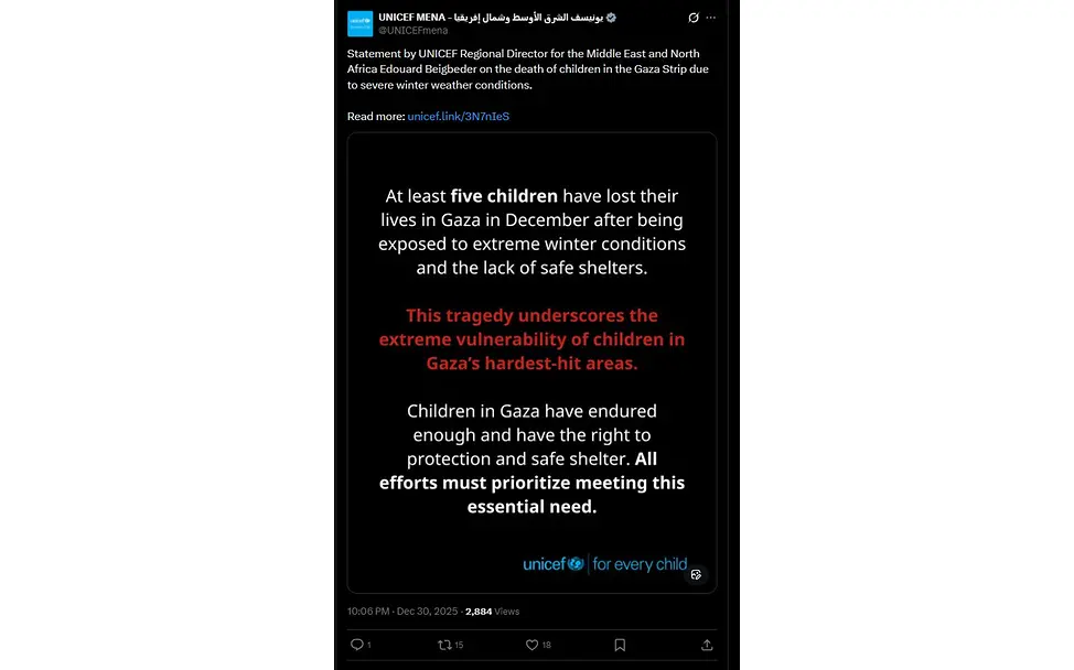 Post von UNICEF MENA zur Lage der Kinder in Gaza unter extremen Winterbedingungen.