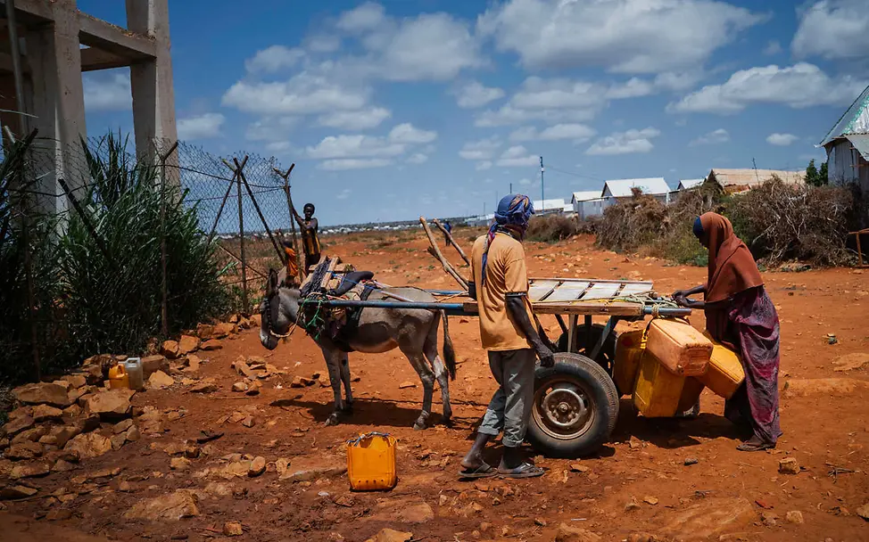 Klimaschutz einfach erklärt: In einer vertrockneten Landschaft laden zwei Menschen Wasserkanister auf einen Wagen.